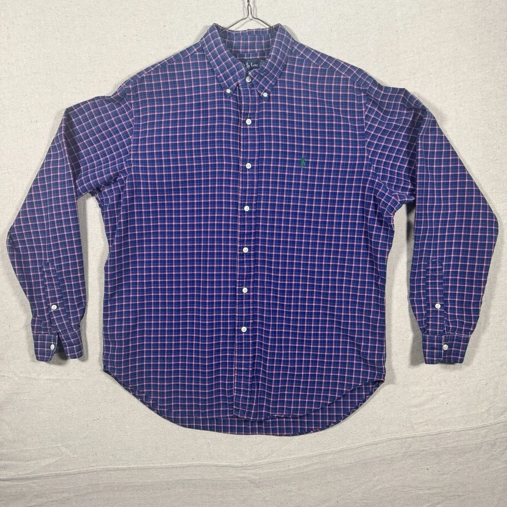 Polo Ralph Lauren Size L Green Navy Plaid Poplin Long Sleeve Button Down Shirt
